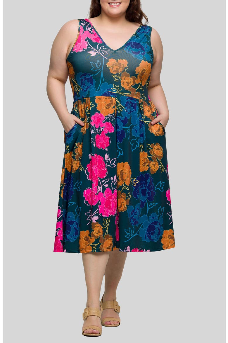 Vivid Floral V-Neck Fit & Flare Dress, Main, color, GREEN MULTI