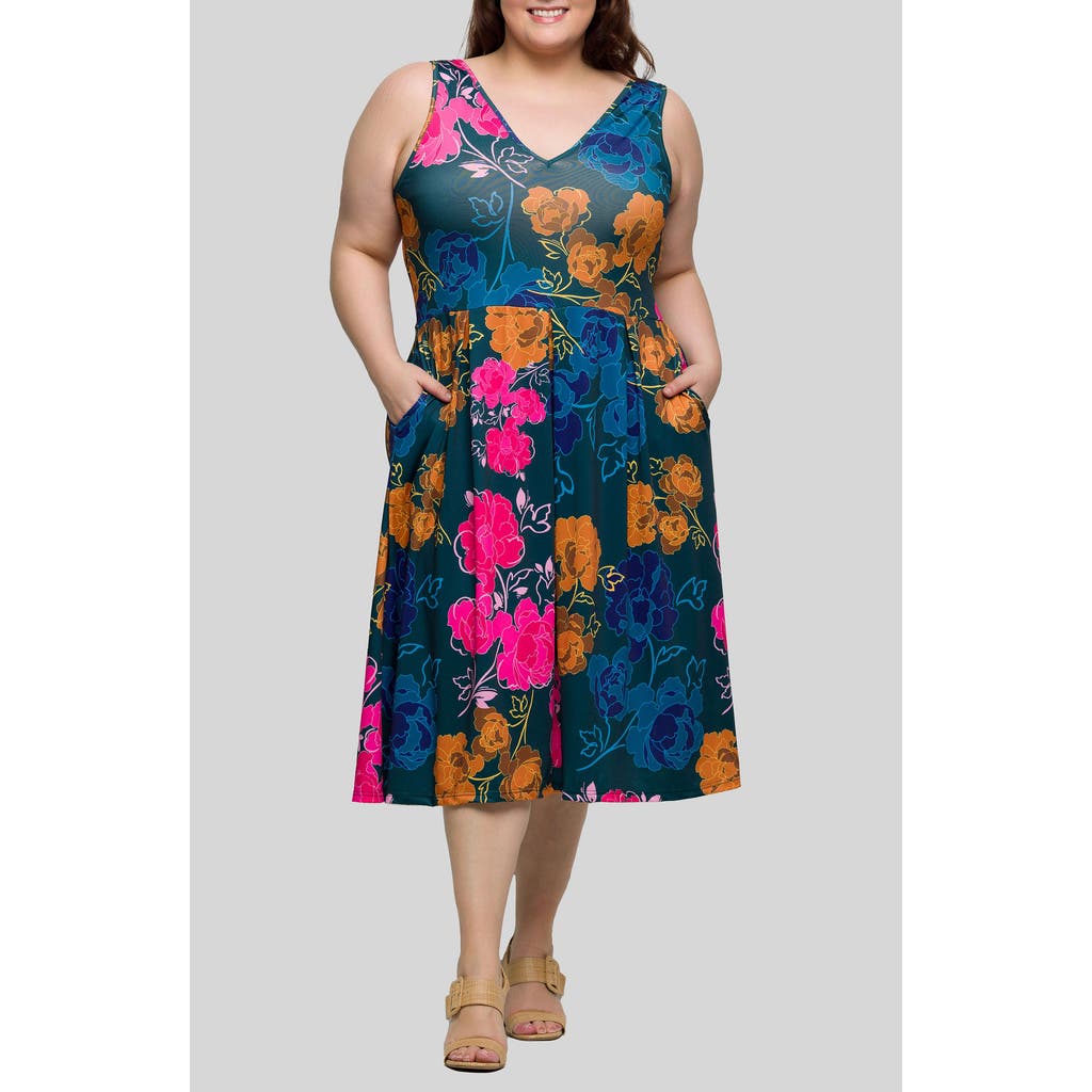 24seven Comfort Apparel Plus Size Midi Length Print Sleeveless Pleated Pocket Dress In Green Multi