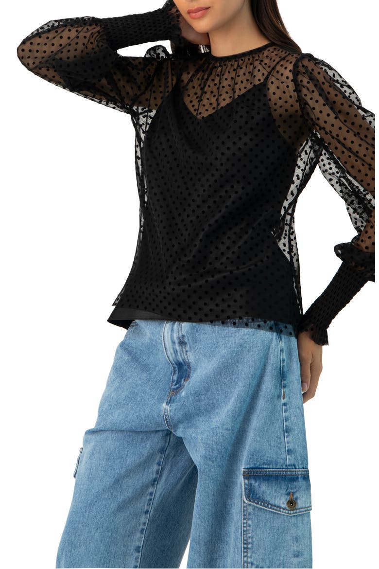 See- Though Polka Dot Smock Sleeve Blouse, Alternate, color, Black
