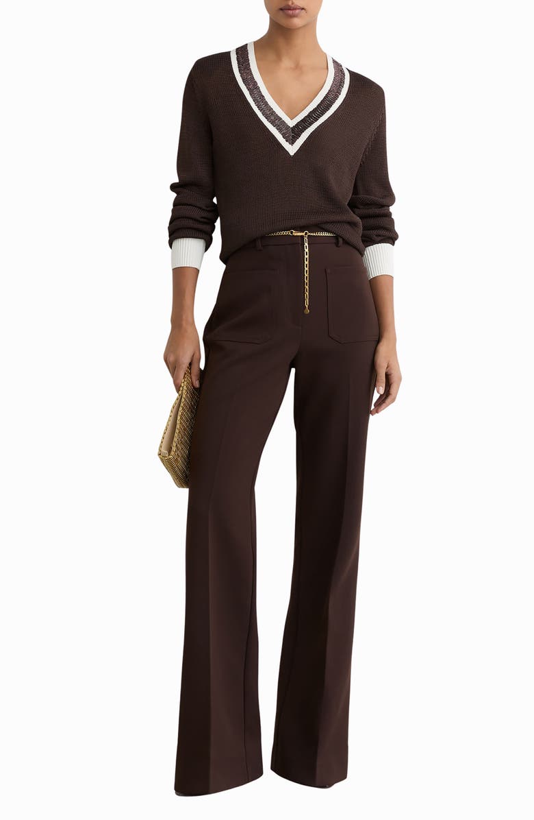 Reiss Courtney Beaded Contrast Trim Sweater, Alternate, color, Chocolate Brown