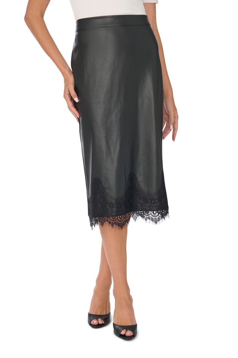 Lace Hem Faux Leather Midi Pencil Skirt, Main, color, RICH BLACK