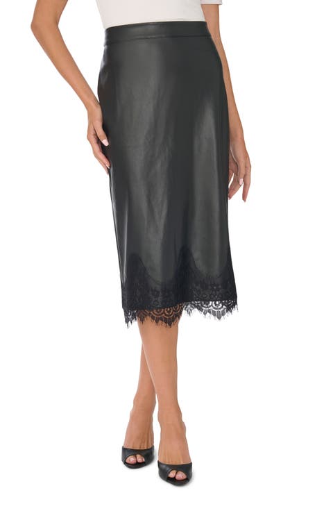 Lace Hem Faux Leather Midi Pencil Skirt