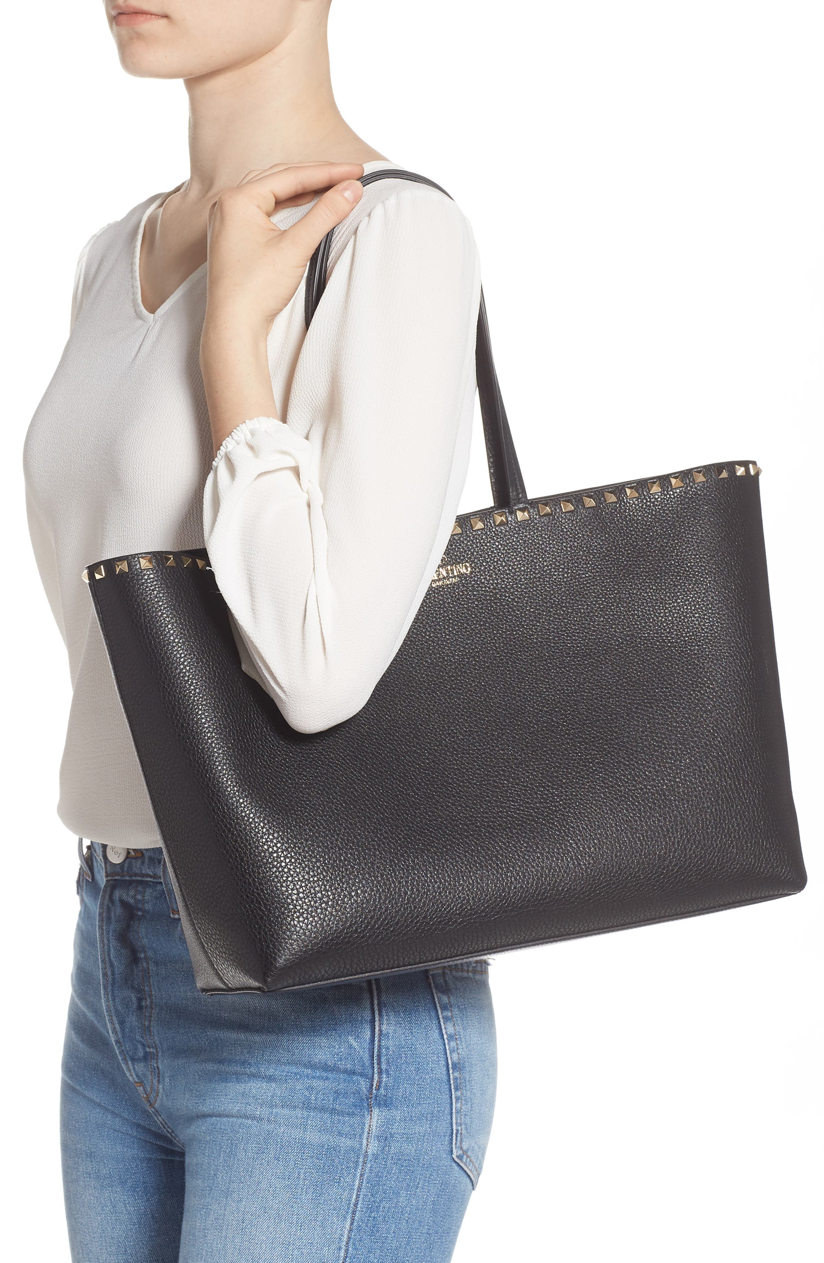 Valentino Garavani Rockstud Leather Tote, Alternate, color, 