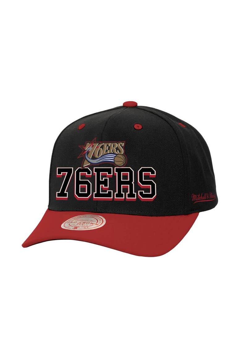 Men's Mitchell & Ness Black/Red Philadelphia 76ers Backside Script 2-Tone Pro Crown Adjustable Hat, Main, color, Black