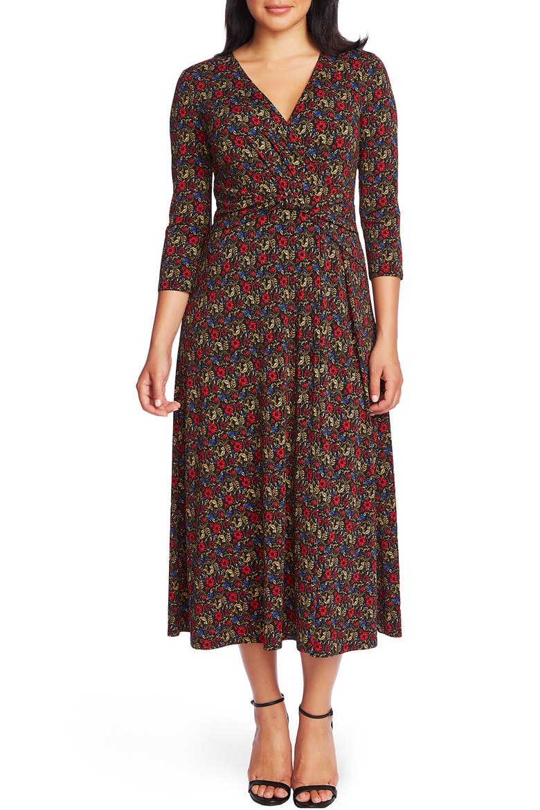 Venetian Garden Wrap Front Dress, Main, color, RICH BLACK