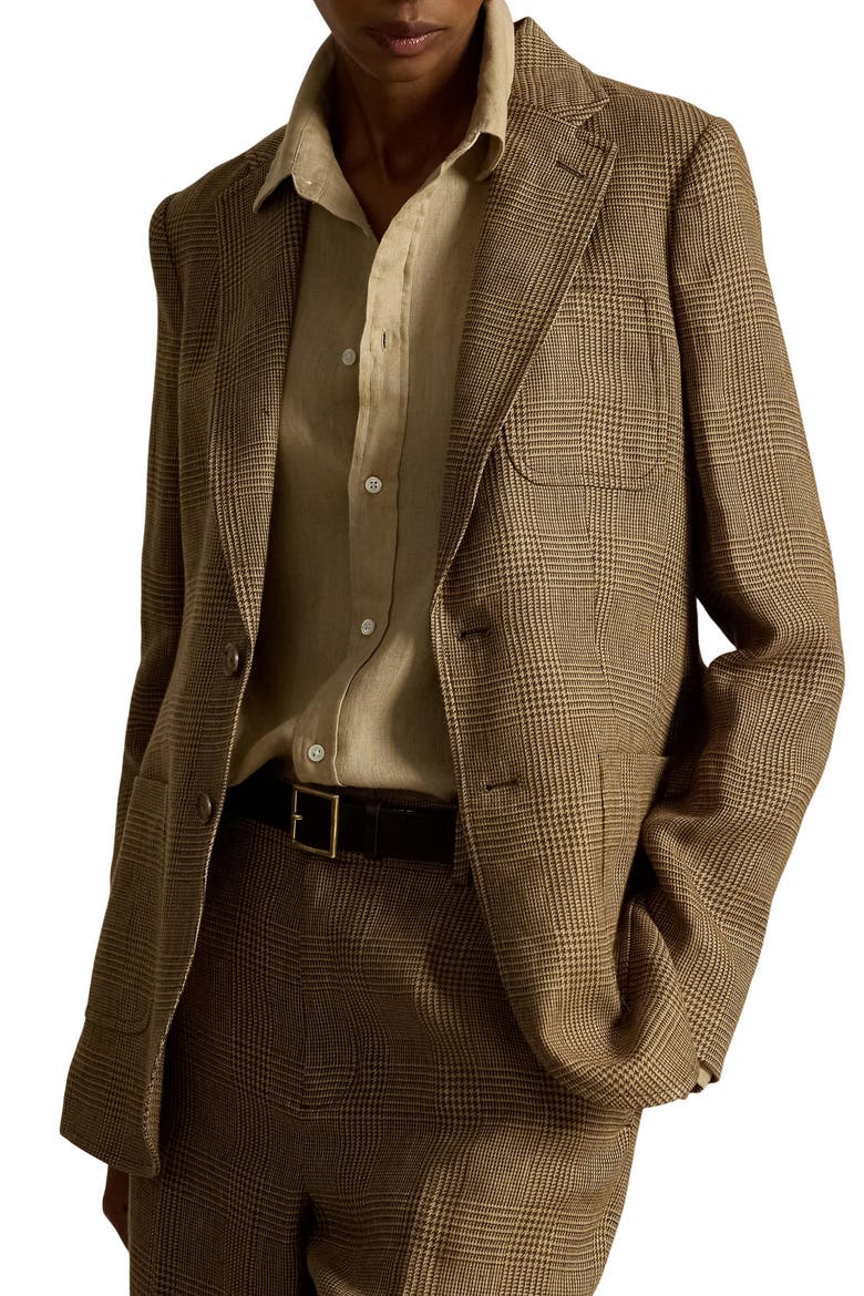 Single Breasted Glen Plaid Linen Blazer, Main, color, BROWN/ TAN GLEN CHECK