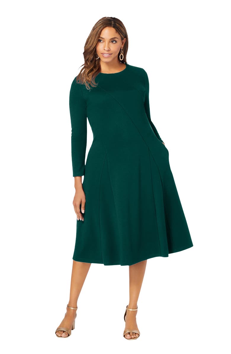 Jessica London Long Sleeve Stretch Ponte Dress, Main, color, Emerald Green