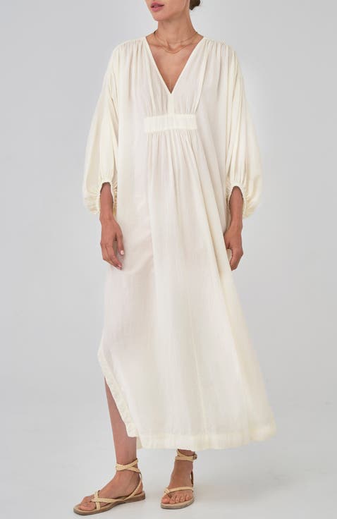 Rouched Shoulder Maxi Cotton Caftan