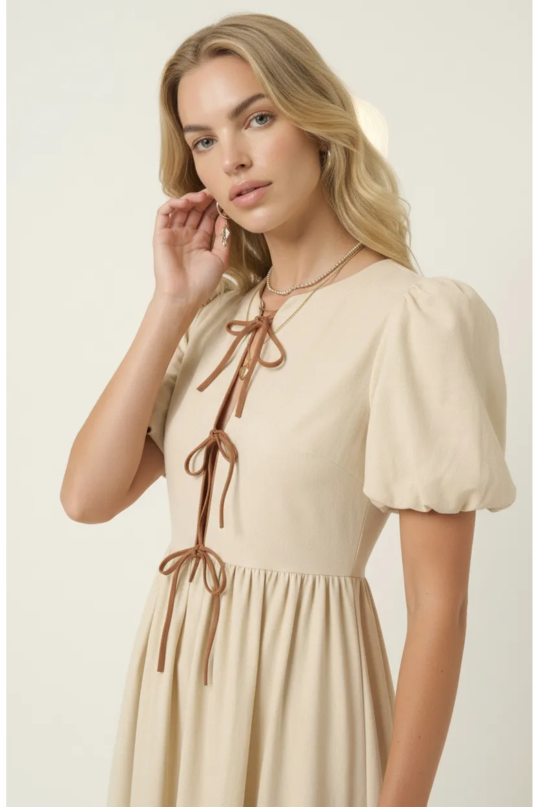 Midi Puff Sleeve Dress with Contrast Ties and Hemline Trim, Alternate, color, Off-white / Cream