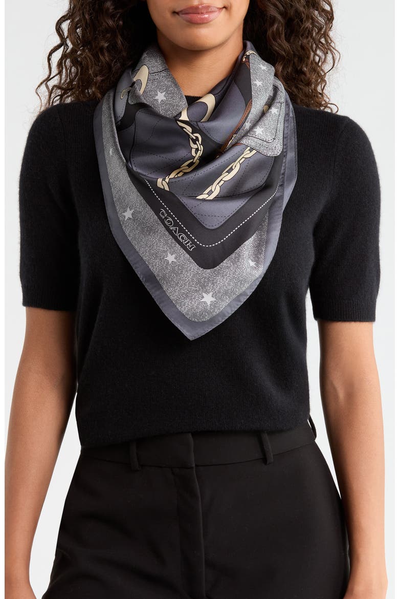 Stacked Tabby Star Print Silk Scarf, Main, color, BLACK MULTI