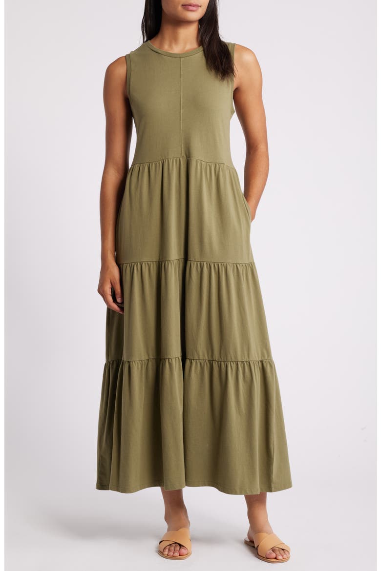 Sleeveless Tiered Organic Cotton Dress, Main, color, OLIVE BURNT