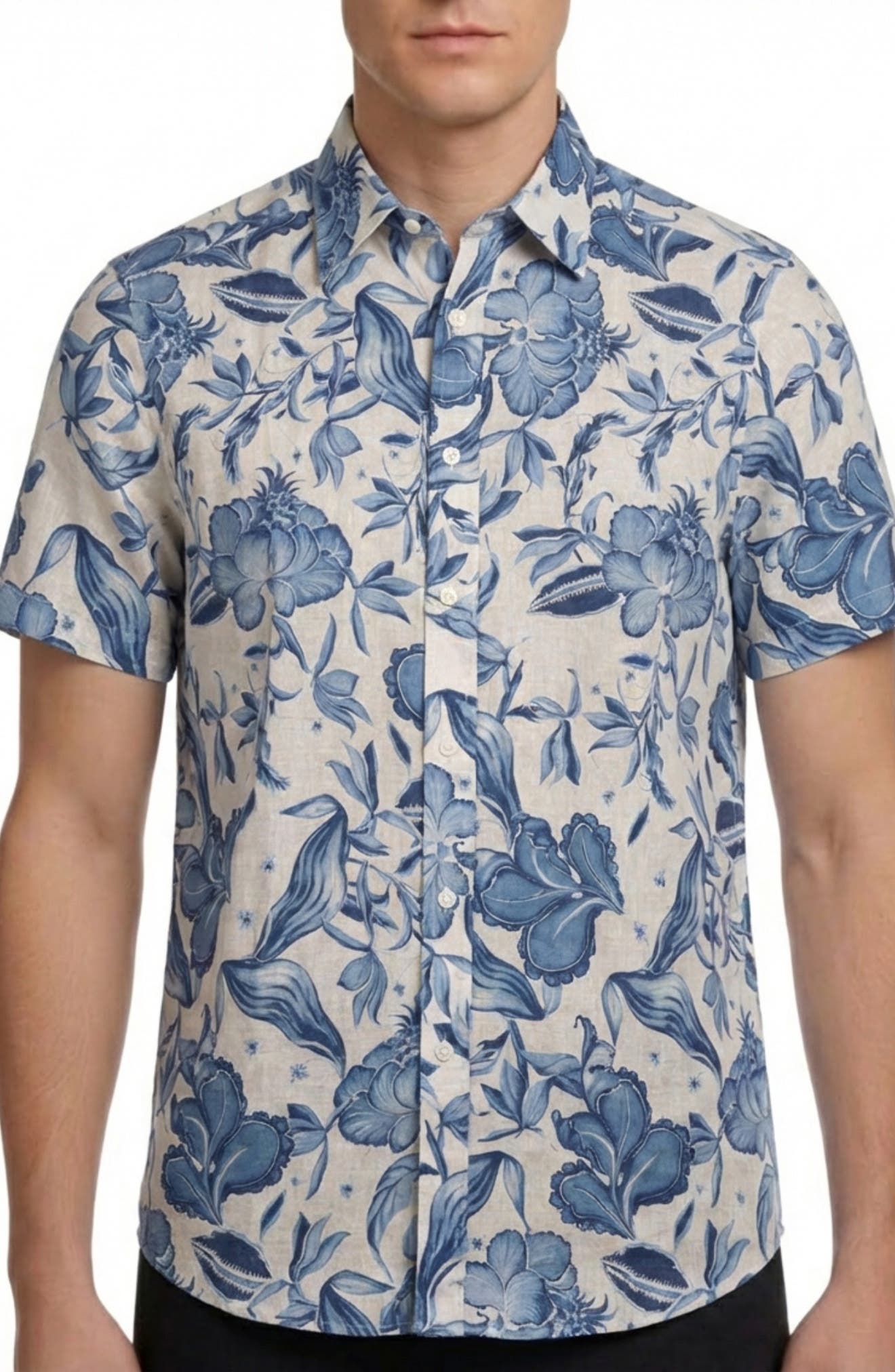 Report Collection Floral Print Short Sleeve Linen & Cotton Blend Button-Up Shirt