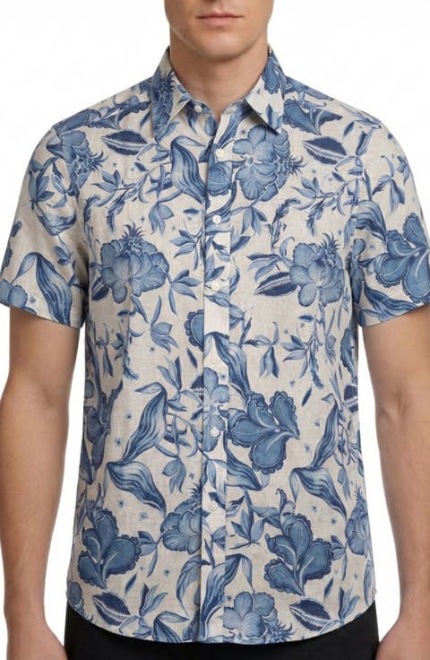 Floral Print Short Sleeve Linen & Cotton Blend Button-Up Shirt