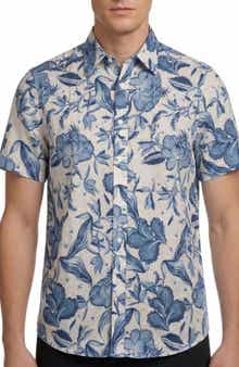 Report Collection Floral Print Short Sleeve Linen & Cotton Blend Button-Up Shirt