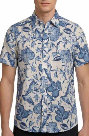 Report Collection Floral Print Short Sleeve Linen & Cotton Blend Button-Up Shirt