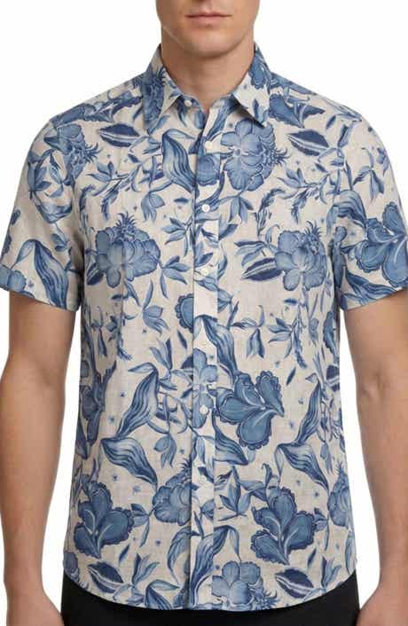 Report Collection Floral Print Short Sleeve Linen & Cotton Blend Button-Up Shirt