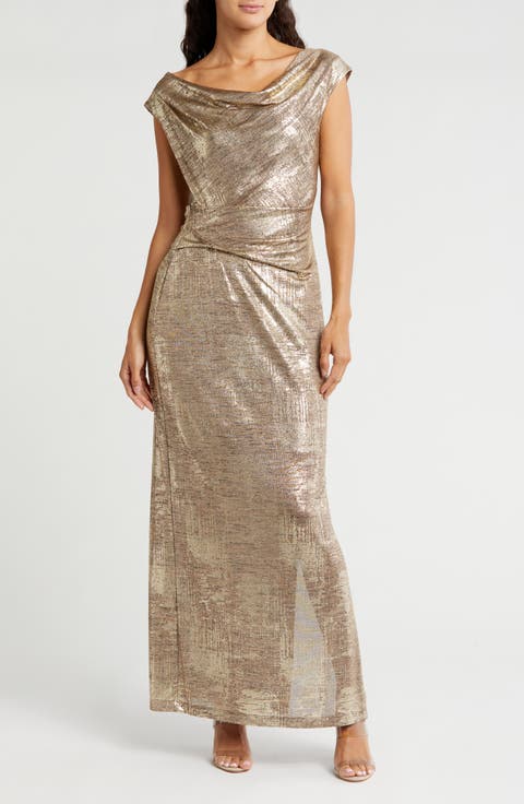 Metallic Cowl Neck Sleeveless Gown