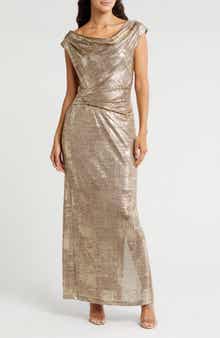 Metallic Cowl Neck Sleeveless Gown