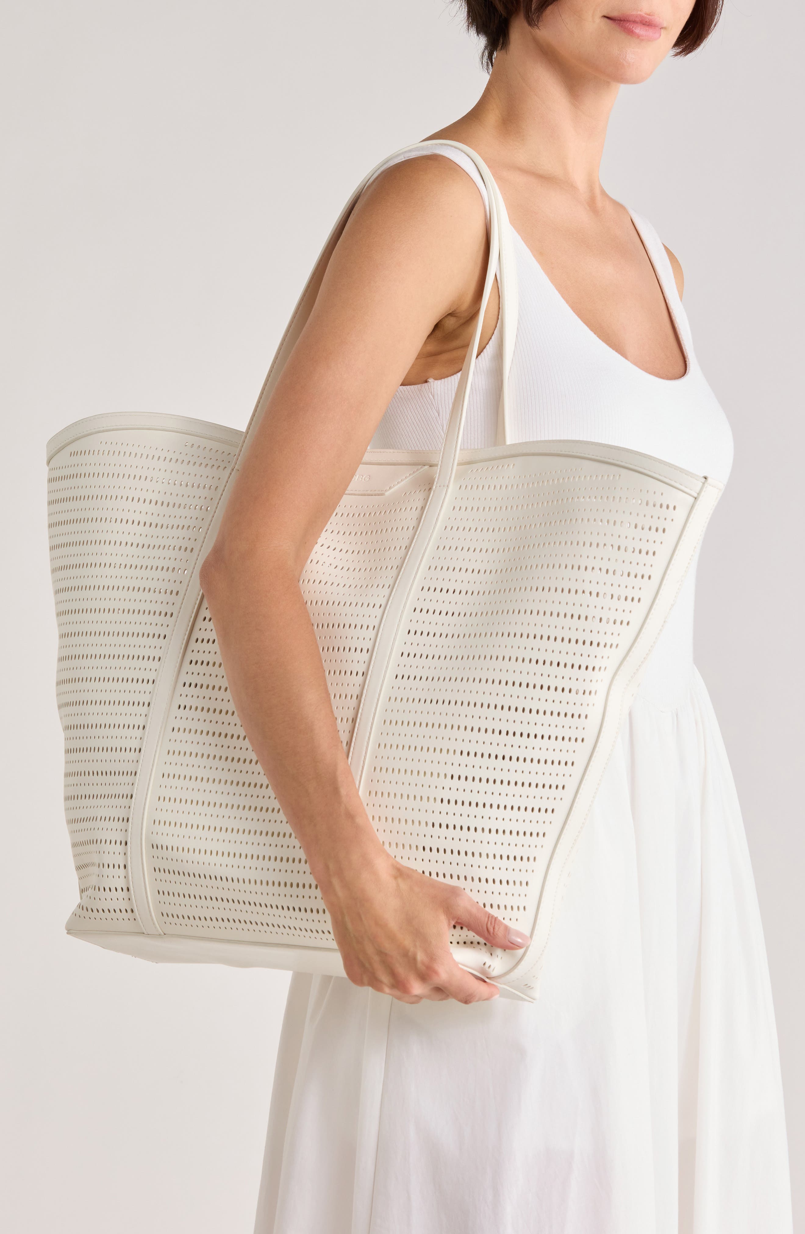Flared Perforated Faux Leather Tote, Alternate, color, POWDER