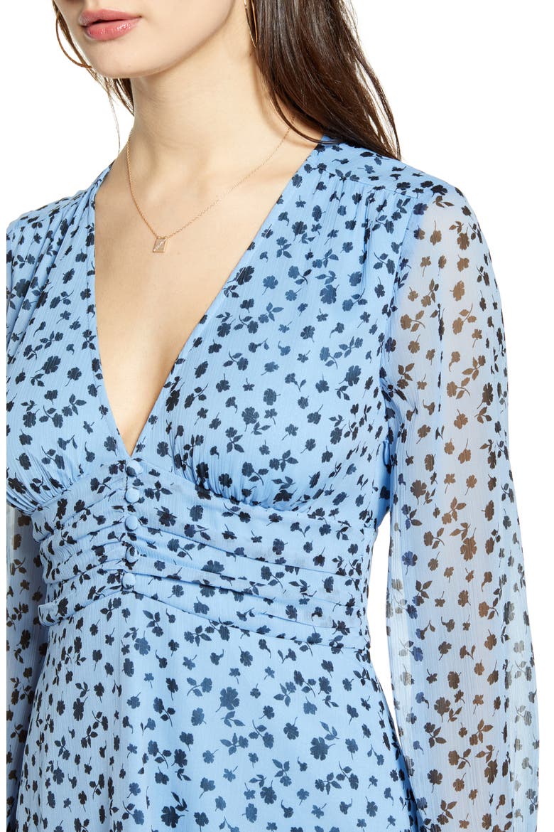 Floral Shirred Waist Long Sleeve Dress, Alternate, color, BLUE LAKE CHIC FLORAL