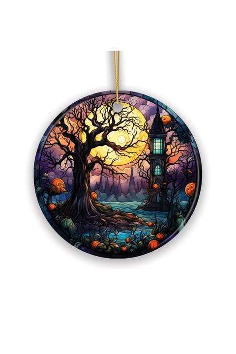 Haunted Tree And Tower Stained Glass Style Ornament
