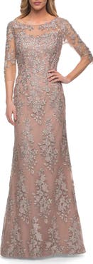 La Femme Floral Column Gown