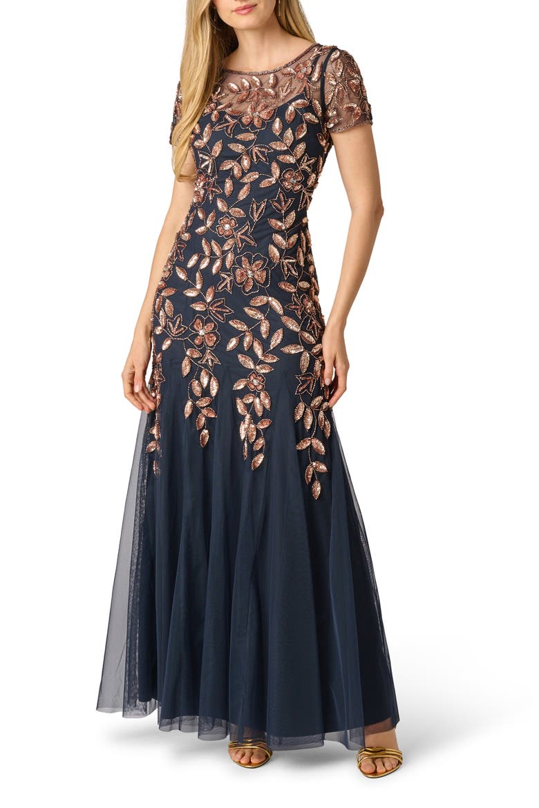 Floral Embroidered Beaded Trumpet Gown, Main, color, NAVY/ ROSE GOLD
