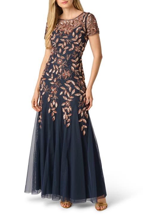 Floral Embroidered Beaded Trumpet Gown
