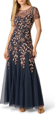 Adrianna Papell Floral Embroidered Beaded Trumpet Gown