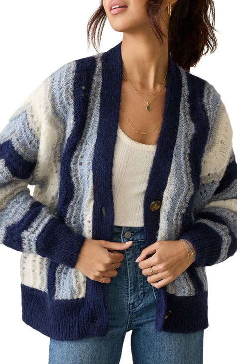 St John Womens Large Wool Cardigan Sweater Twin Set Blue White selling Stripe Resort