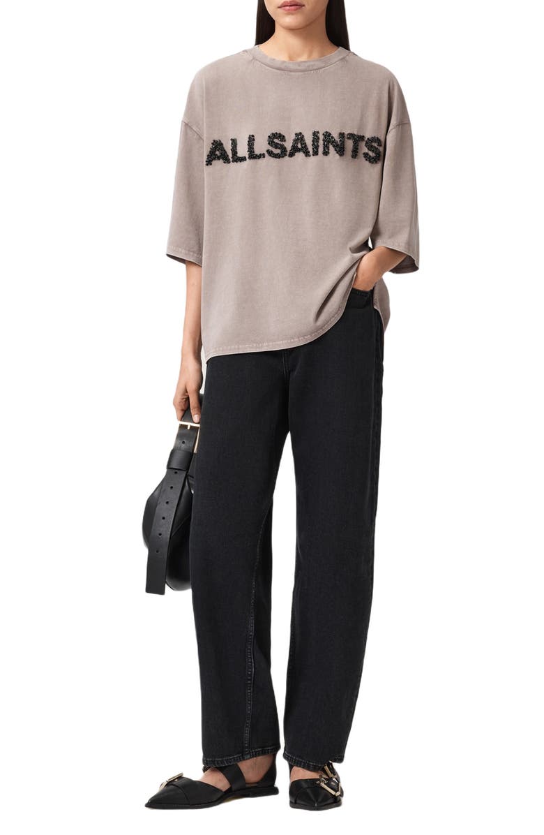 AllSaints Amelie Oversize Embellished Logo Cotton T-Shirt, Alternate, color, Stone Grey