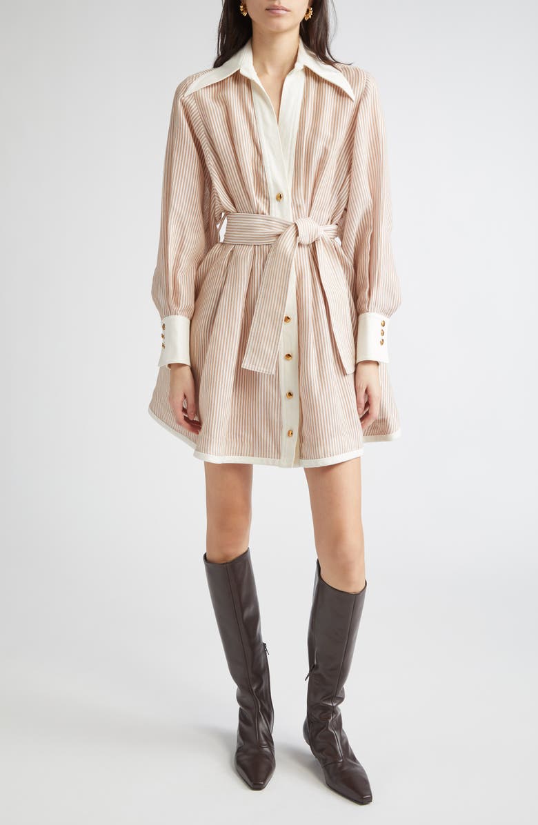 Zimmermann Hypnotic Stripe Long Sleeve Belted Cotton & Silk Minidress, Main, color, Tan Stripe