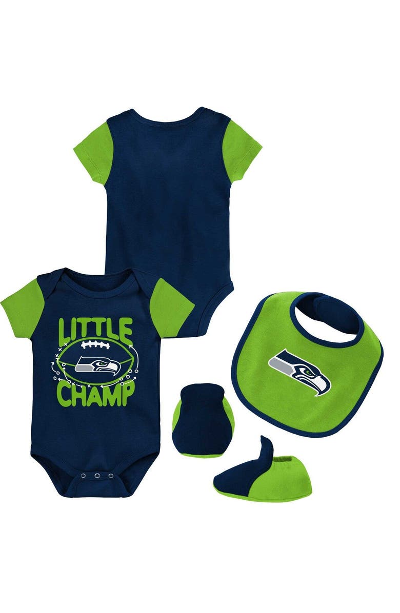 Outerstuff Newborn & Infant College Navy/Neon Green Seattle Seahawks Little Champ Three-Piece Bodysuit Bib & Booties Set, Main, color, Navy