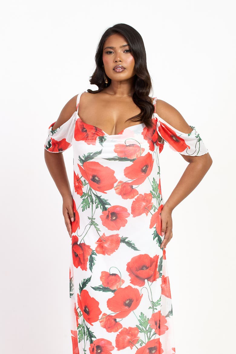 Cold Shoulder Poppy Print Strappy Dress, Alternate, color, White
