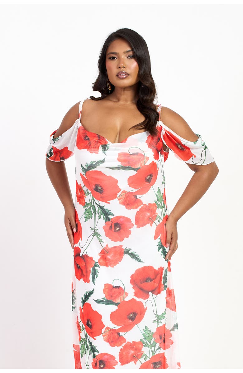 FASHION-SZN CURVE Cold Shoulder Poppy Print Strappy Dress, Alternate, color, White