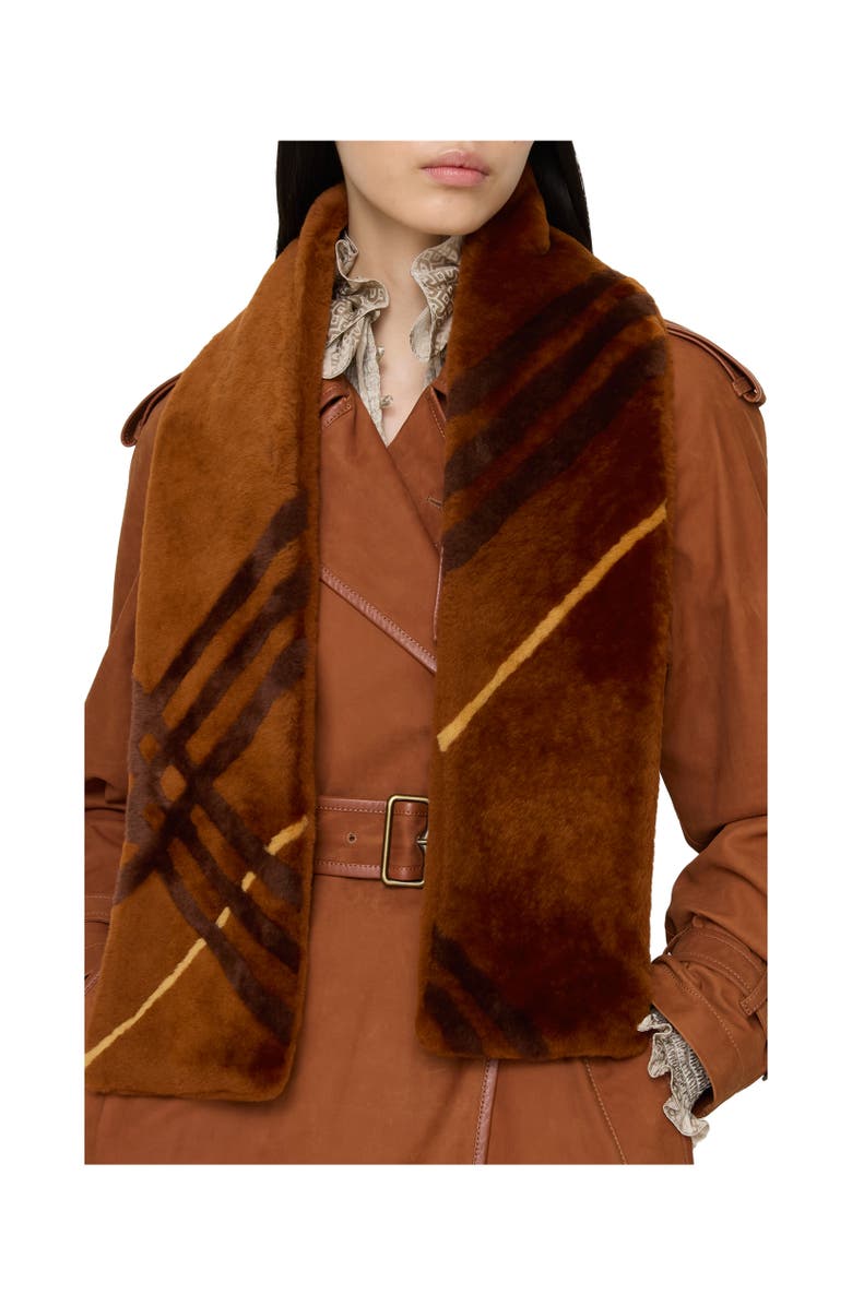 Burberry Narrow Check Shearling Scarf, Alternate, color, Ginger Brown