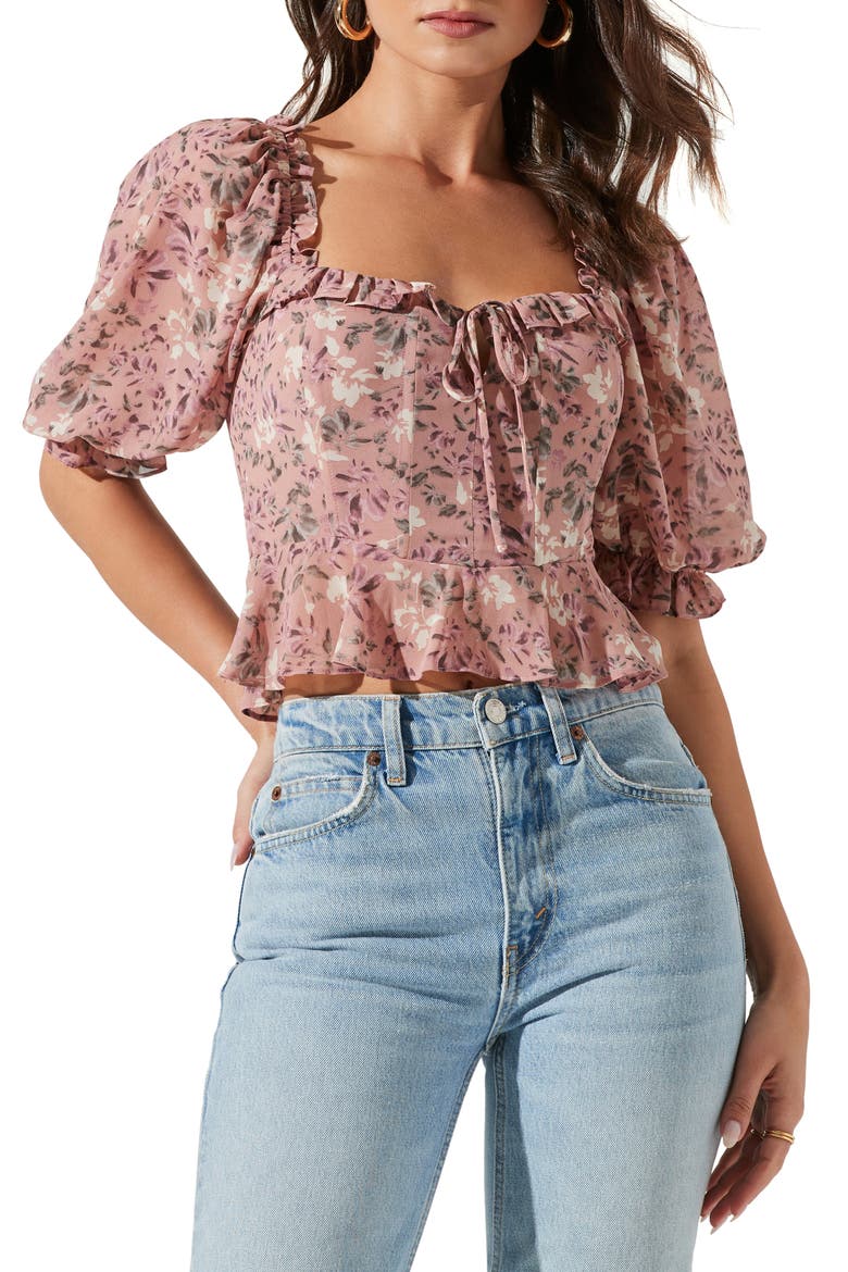 Ruffle Floral Keyhole Crop Top, Main, color, BLUSH MAUVE FLORAL
