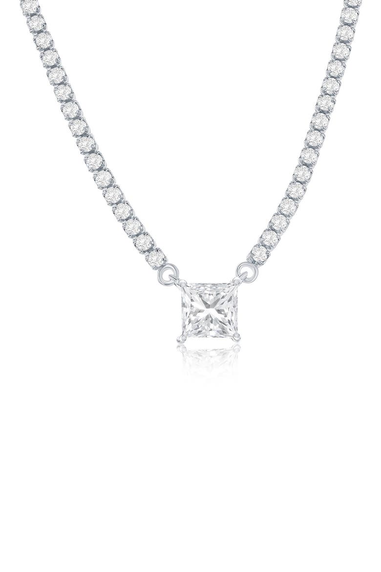 Sterling Silver Square Cubic Zirconia Pendant Tennis Necklace, Main, color, SILVER