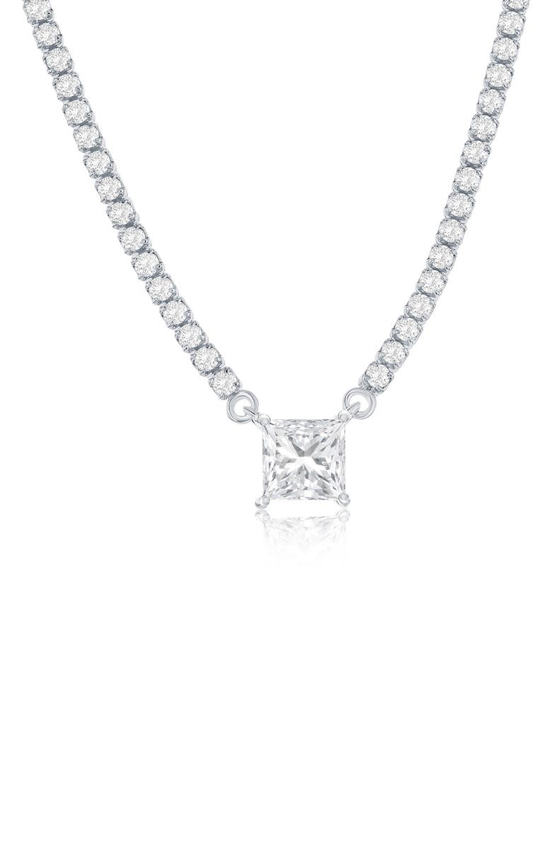 SIMONA Sterling Silver Square Cubic Zirconia Pendant Tennis Necklace, Main, color, Silver