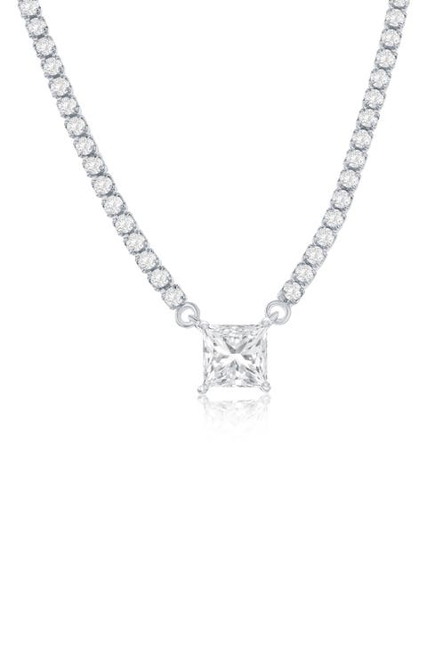 Sterling Silver Square Cubic Zirconia Pendant Tennis Necklace
