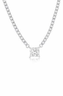 SIMONA Sterling Silver Square Cubic Zirconia Pendant Tennis Necklace