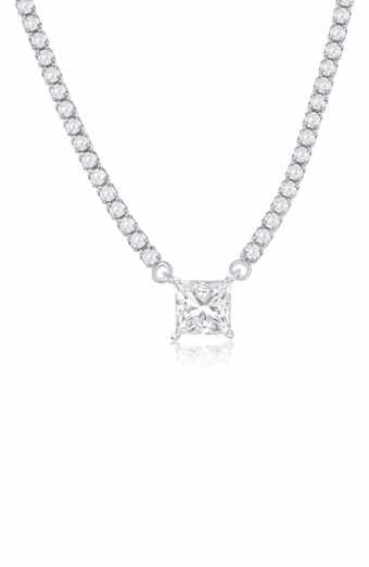 Sterling Silver Square Cubic Zirconia Pendant Tennis Necklace
