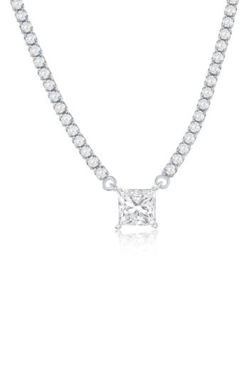 Simona Sterling Silver Square Cubic Zirconia Pendant Tennis Necklace