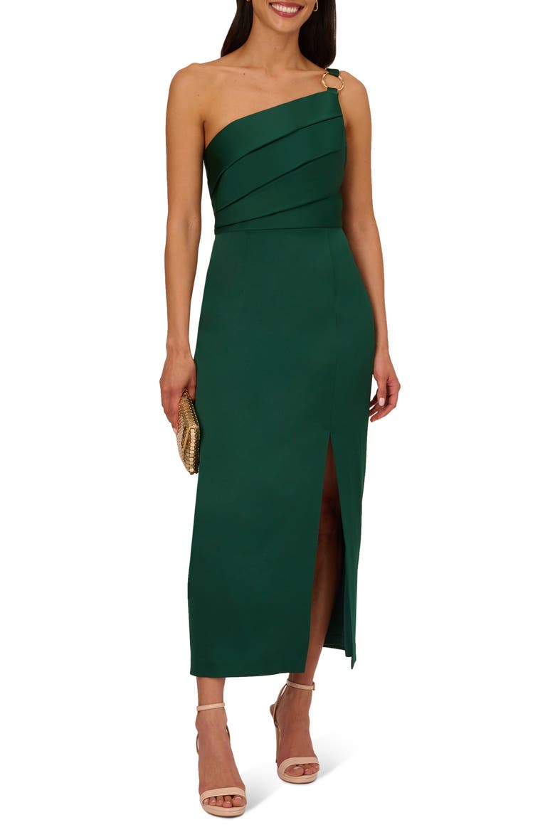Pleat One-Shoulder Crepe Cocktail Dress, Alternate, color, DEEP FOREST
