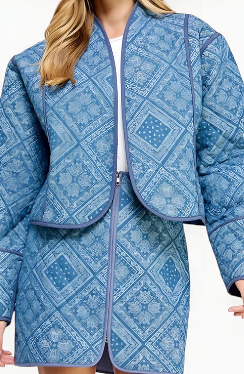 Modenaire Diamond Pattern Quilted Jacket With Piped Trim And Open Front In Blue