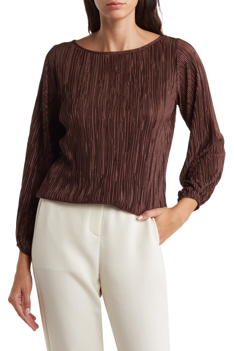 Plissé Long Puff Sleeve Top, Main, color, BROWN