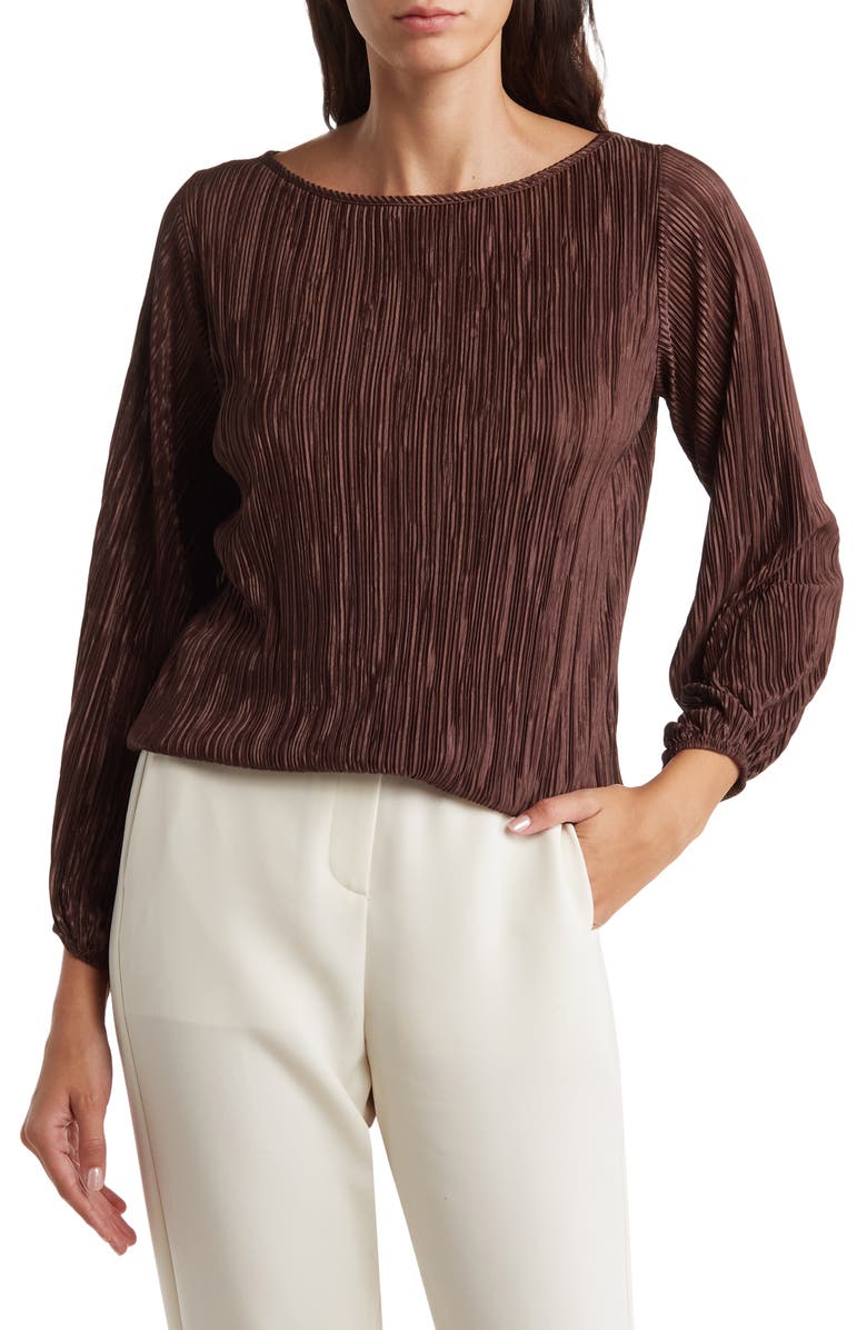 Renee C Plissé Long Puff Sleeve Top, Main, color, Brown