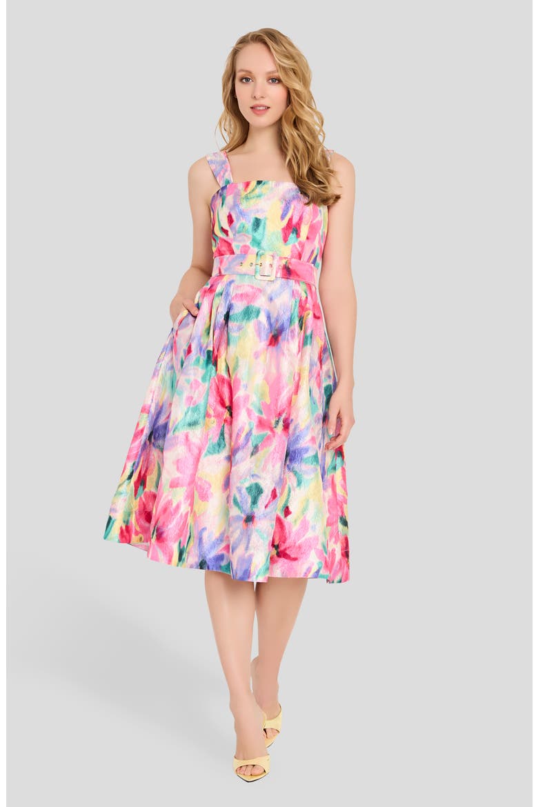 Print Crinkle Belted Fit & Flare Dress, Alternate, color, IVORY MULTI