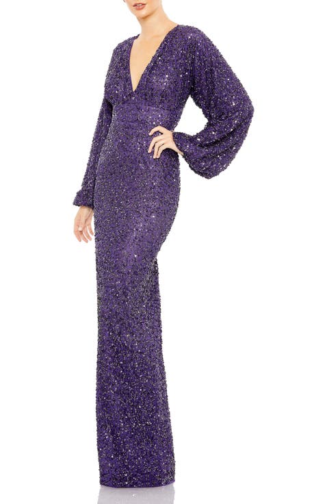 Sequined Puff Sleeve V Neck Gown