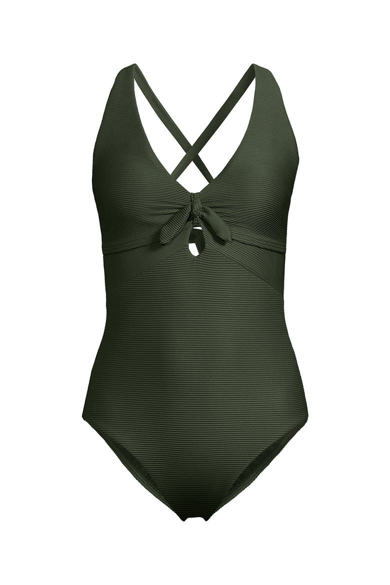 Ribbed Knot Front One Piece Swimsuit, Alternate, color, Rich Olive Green Ottoman